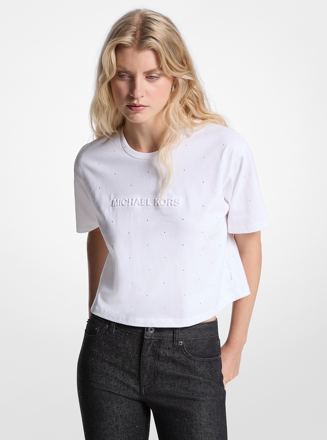 MICHAEL KORS トップス オーバーサイズ MK ラインストーン クロップ Tシャツ | トップス
